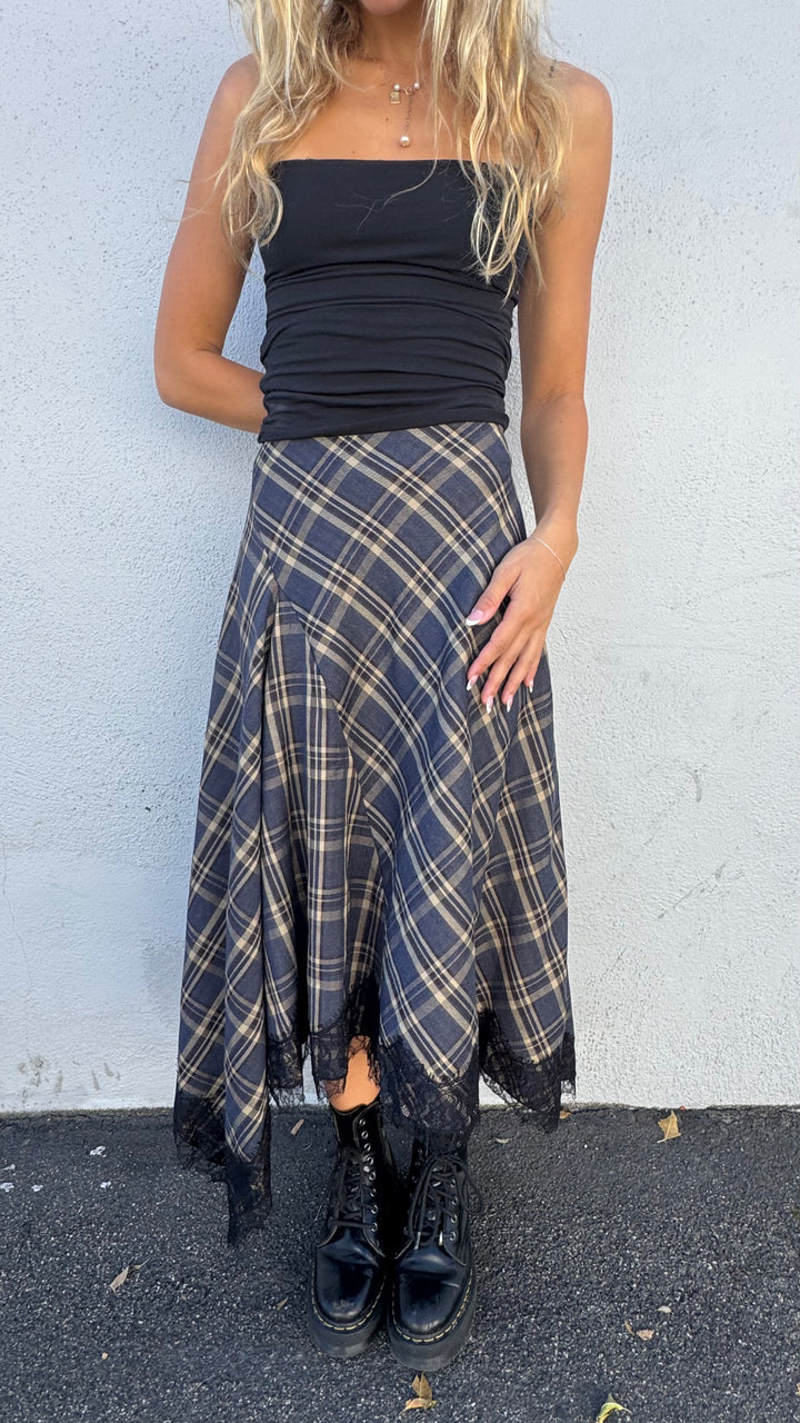 KEEN THE LABEL Tasha Plaid Asymmertrical Lace Midi Skirt
