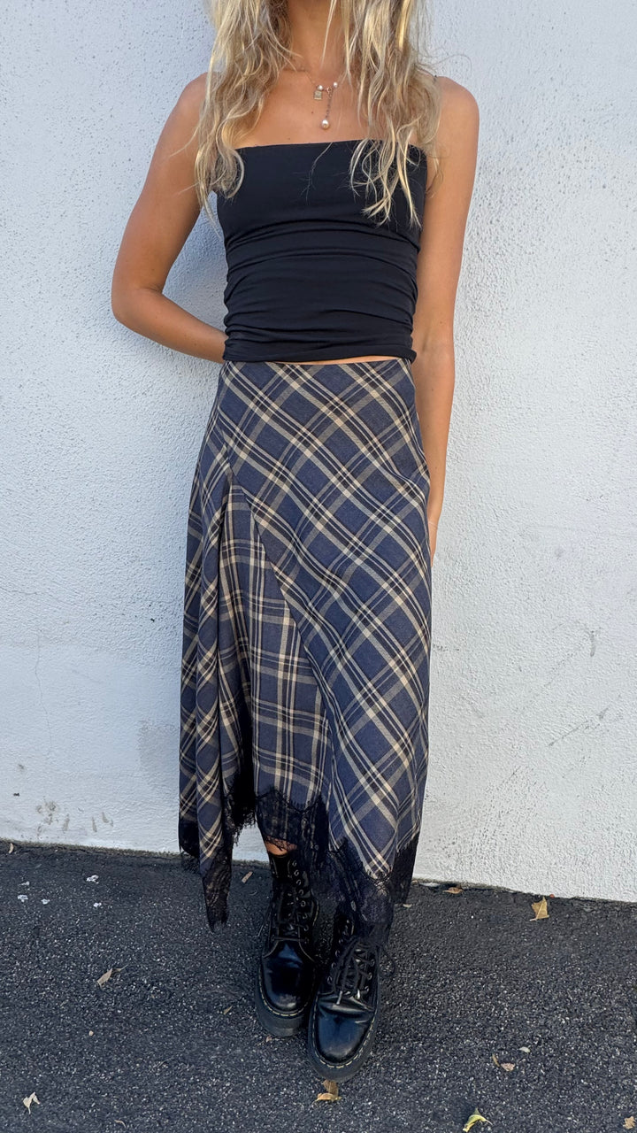 KEEN THE LABEL Tasha Plaid Asymmertrical Lace Midi Skirt