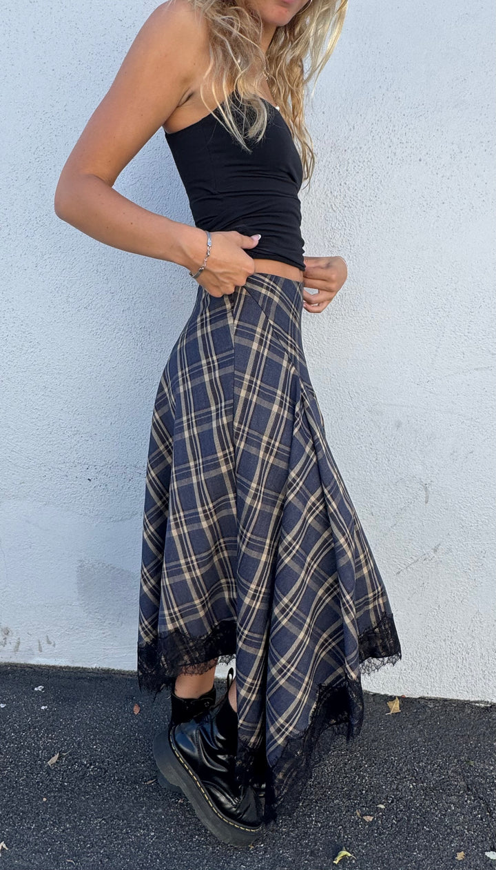 KEEN THE LABEL Tasha Plaid Asymmertrical Lace Midi Skirt