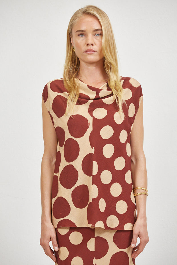 A. REN Merlot Polka Cowl Neck Top
