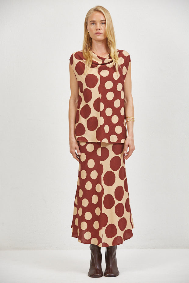 A. REN Merlot Polka Cowl Neck Top