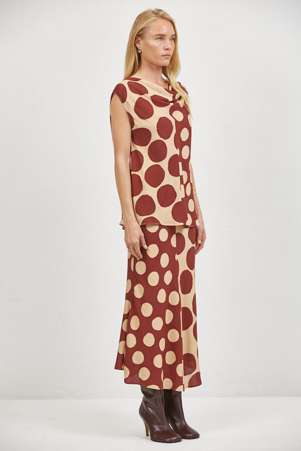 A. REN Merlot Polka Cowl Neck Top