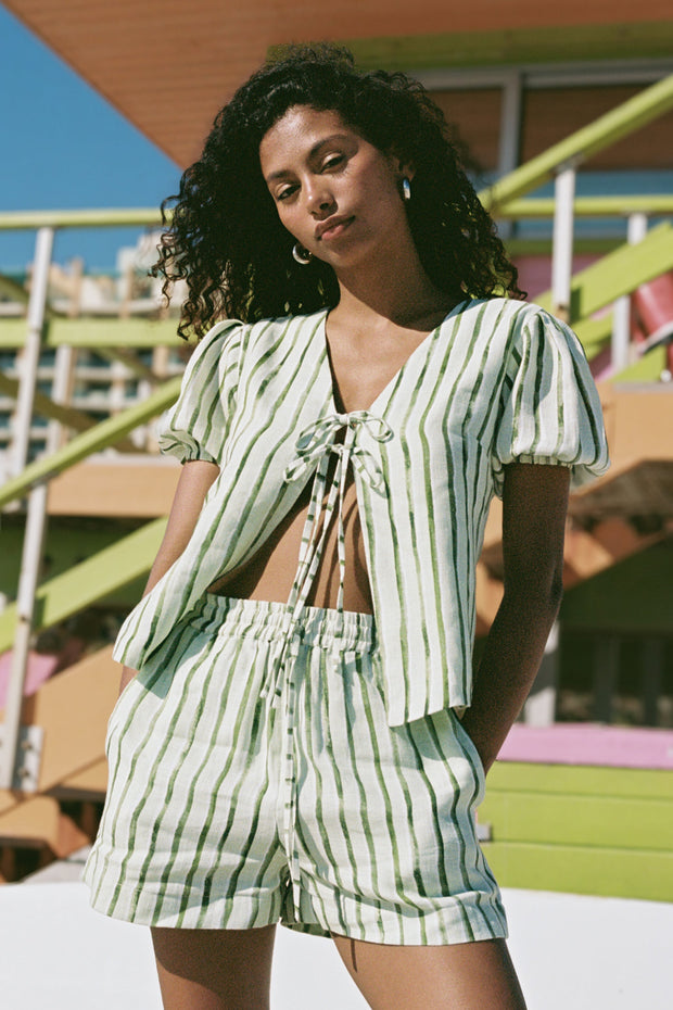 SUMMER AWAY Victoria Stripe Tie-Front Linen Top