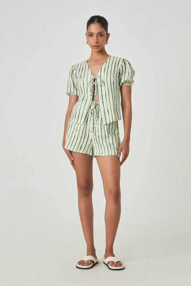 SUMMER AWAY Victoria Stripe Tie-Front Linen Top