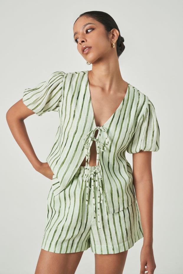SUMMER AWAY Victoria Stripe Tie-Front Linen Top