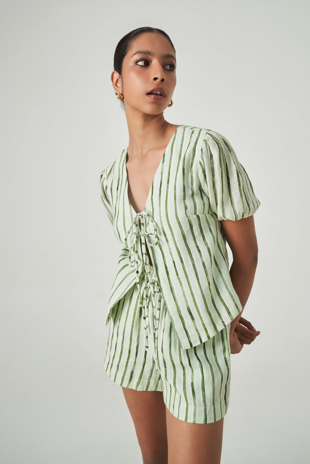SUMMER AWAY Victoria Stripe Tie-Front Linen Top