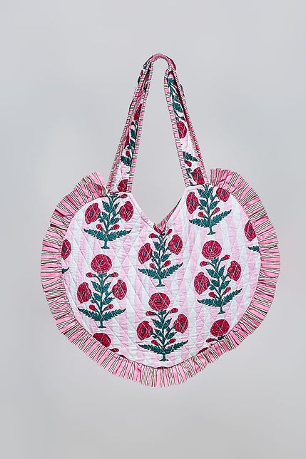 Heart-Shaped Ruffle-Edge Quilted Tote Bag