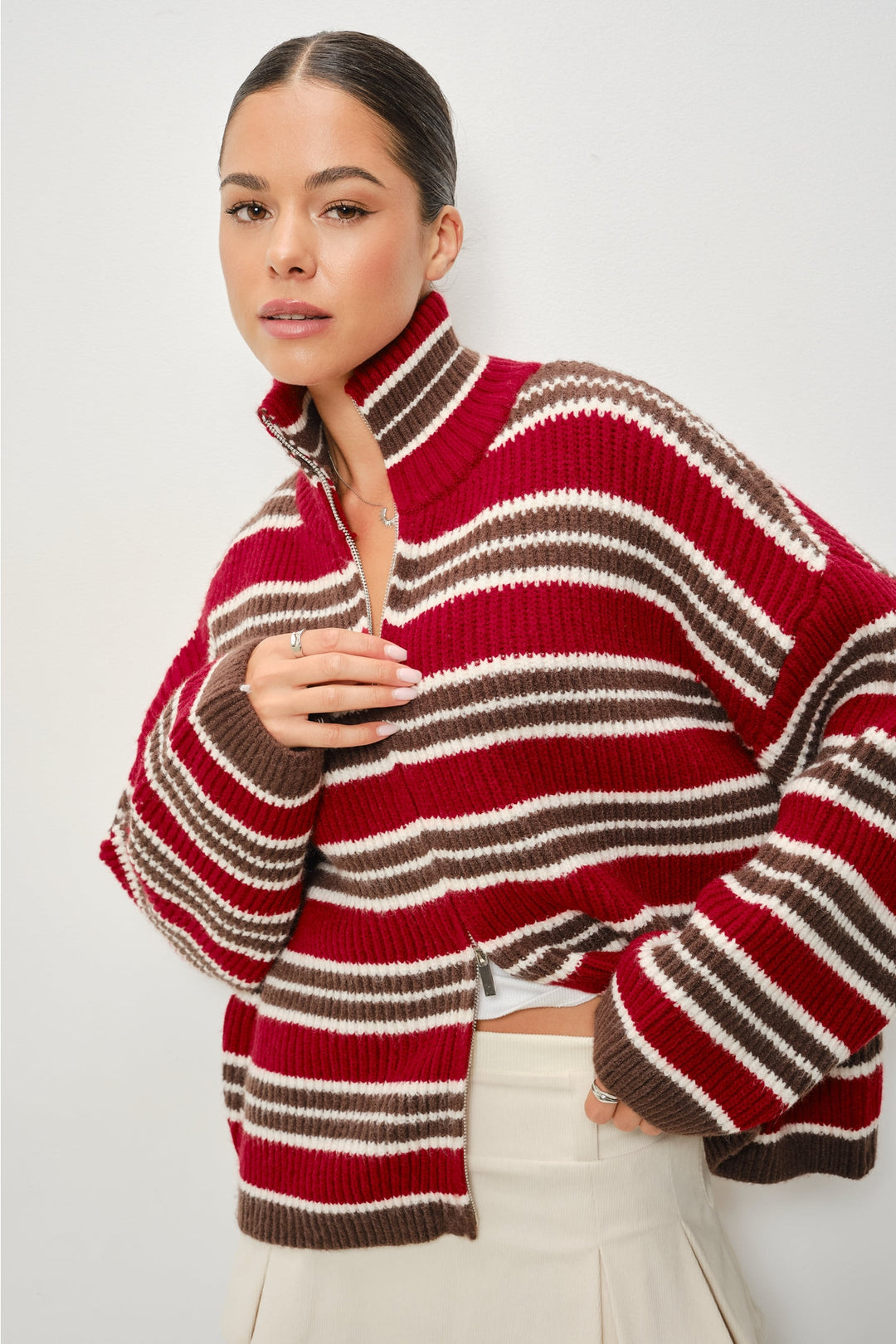 KEEN THE LABEL Selma Striped Mock Neck Zip Up Sweater-The Shop Laguna Beach