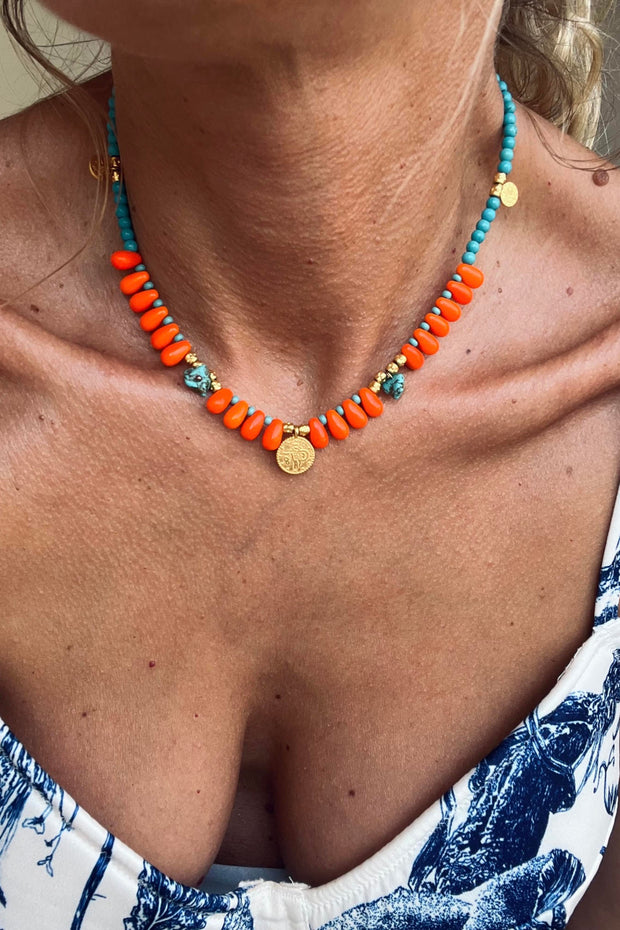 GOUPI Karpathos Turquoise & Orange Coin Necklace-The Shop Laguna Beach