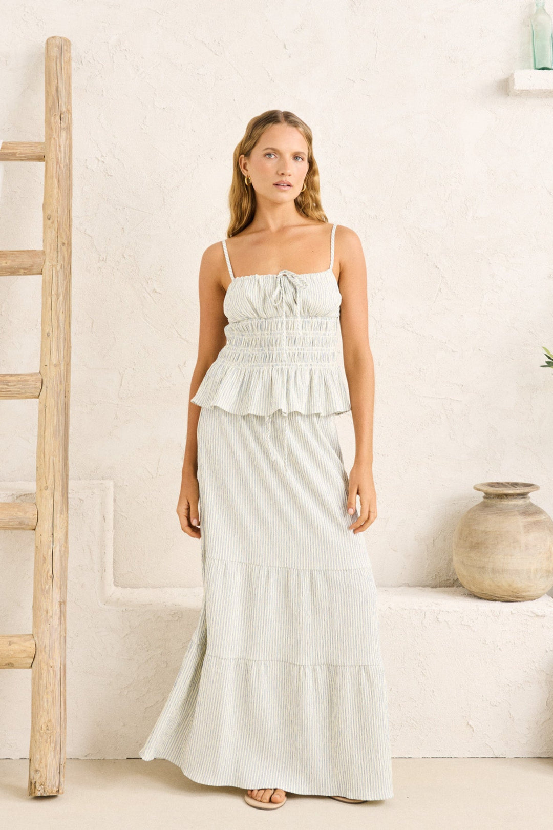 RHYTHM Driftwood Stripe Ruffle Maxi Skirt-The Shop Laguna Beach