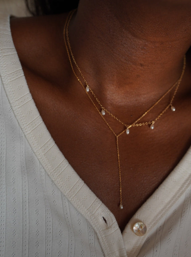 MAY MARTIN <br> Dainty Pearl Lariat Necklace-The Shop Laguna Beach