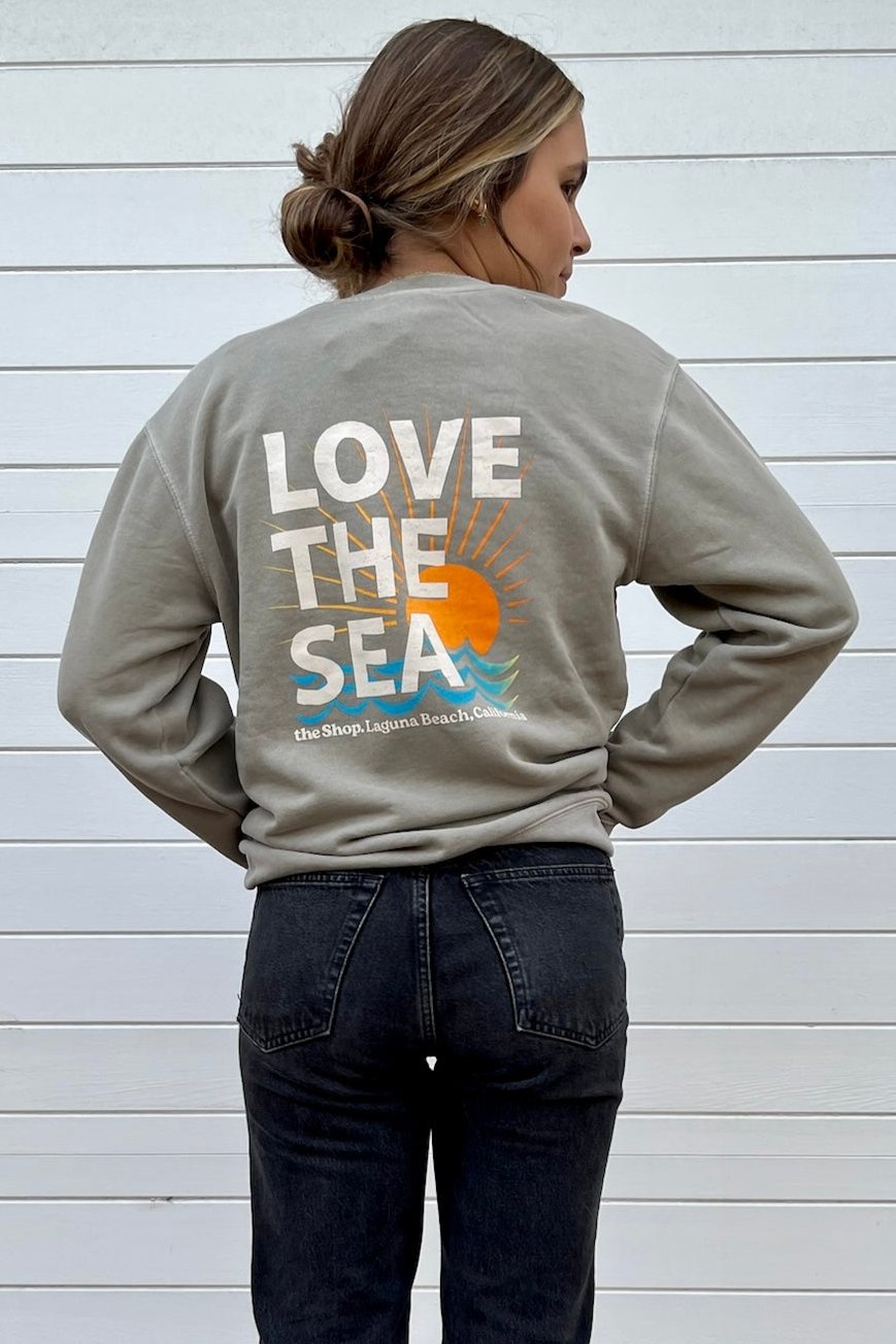 LOVE THE SEA <br> Pigment Wash Bomber Crew Pullover <br><small><i> (More Colors Available) </small></i>-The Shop Laguna Beach