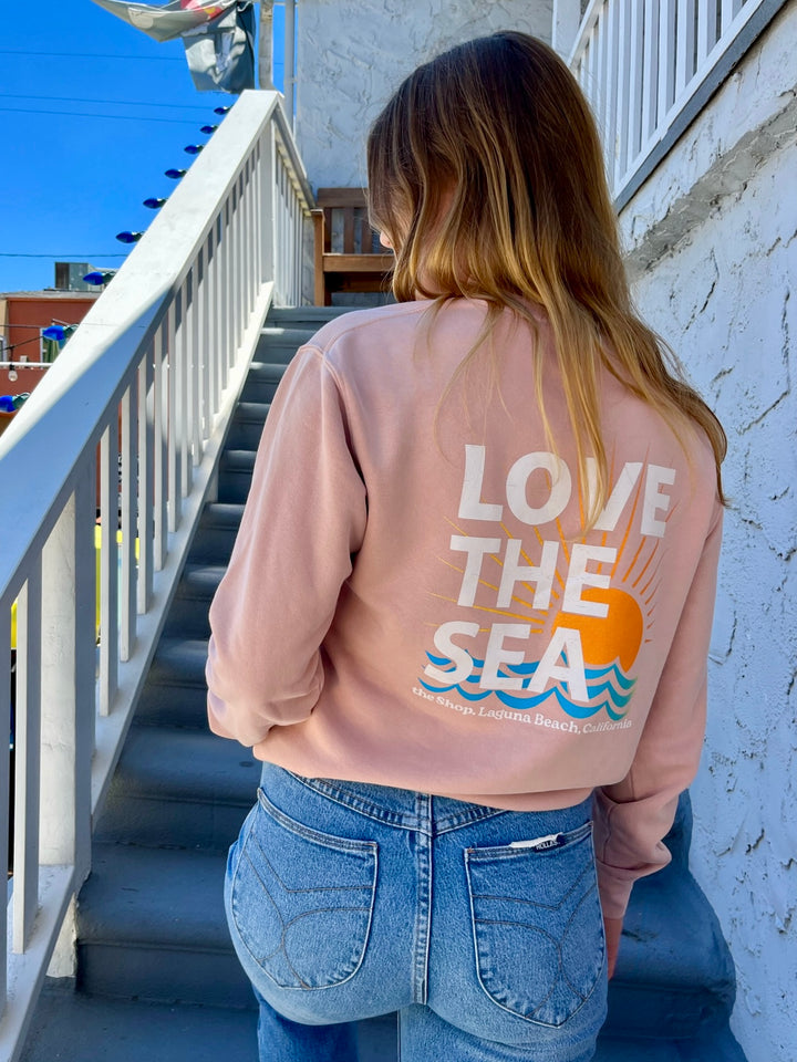LOVE THE SEA <br> Pigment Wash Bomber Crew Pullover <br><small><i> (More Colors Available) </small></i>-The Shop Laguna Beach