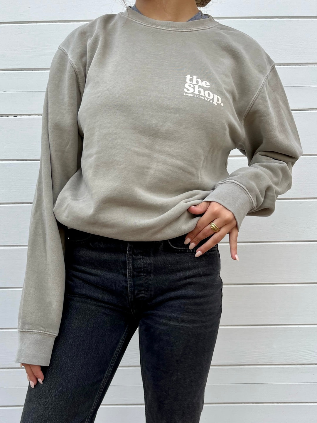 LOVE THE SEA <br> Pigment Wash Bomber Crew Pullover <br><small><i> (More Colors Available) </small></i>-The Shop Laguna Beach