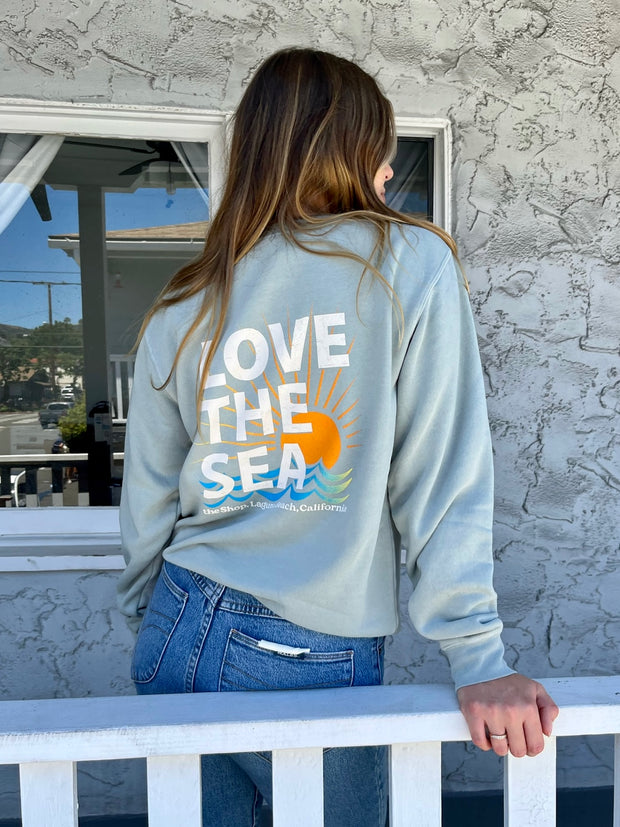 LOVE THE SEA <br> Pigment Wash Bomber Crew Pullover <br><small><i> (More Colors Available) </small></i>-The Shop Laguna Beach