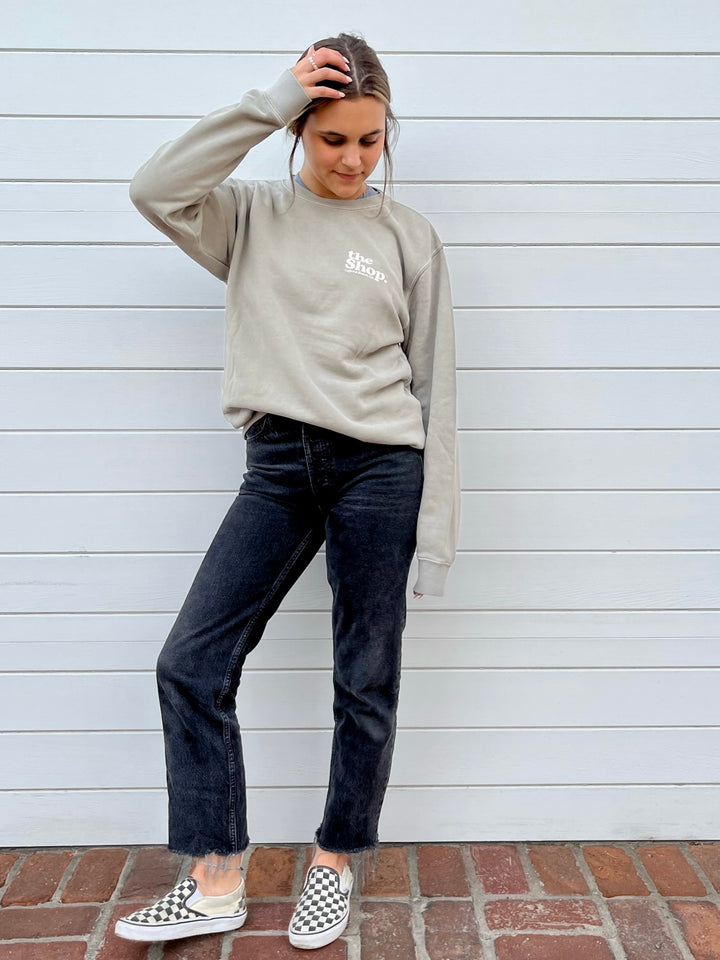 LOVE THE SEA <br> Pigment Wash Bomber Crew Pullover <br><small><i> (More Colors Available) </small></i>-The Shop Laguna Beach