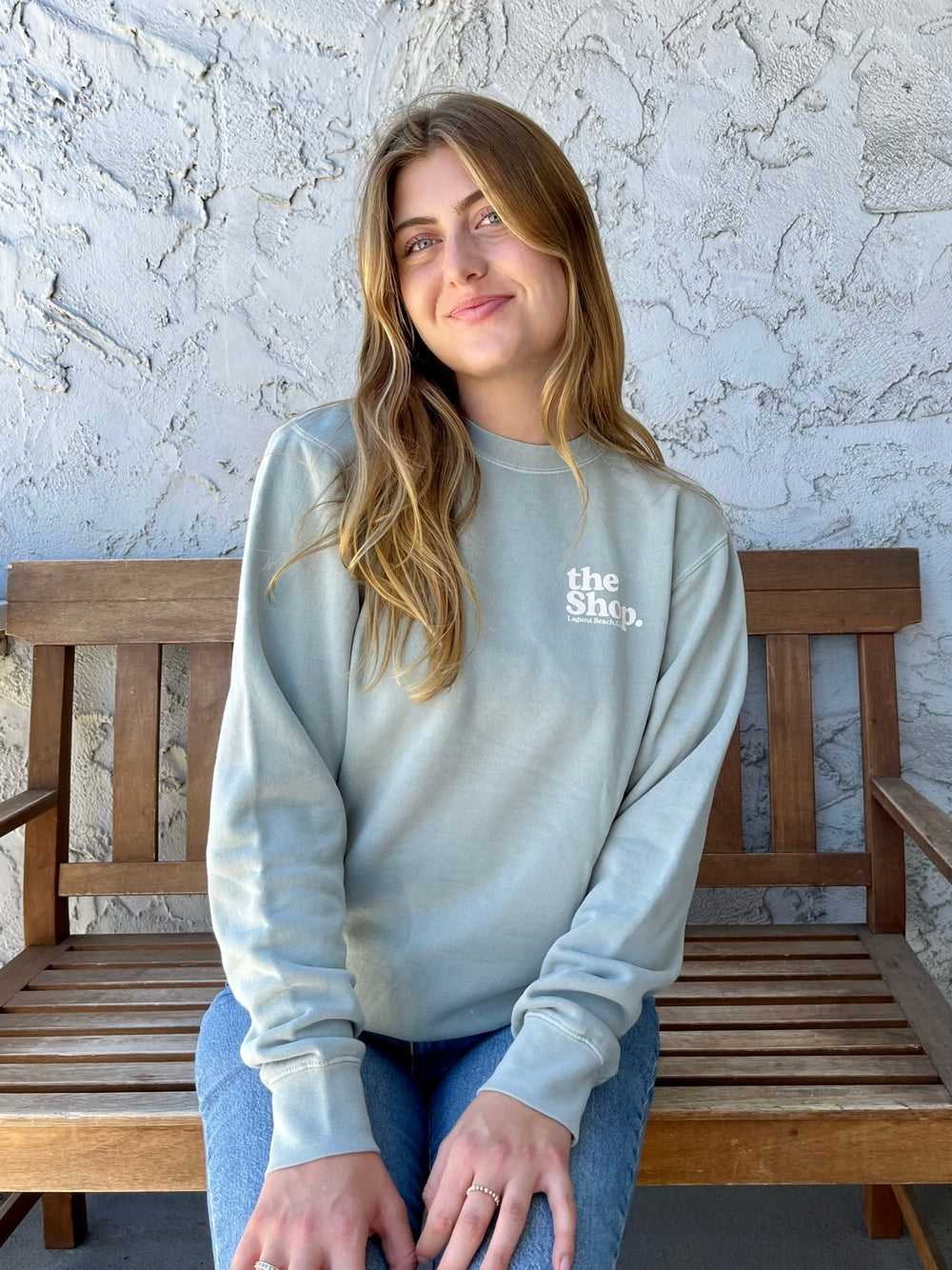 LOVE THE SEA <br> Pigment Wash Bomber Crew Pullover <br><small><i> (More Colors Available) </small></i>-The Shop Laguna Beach