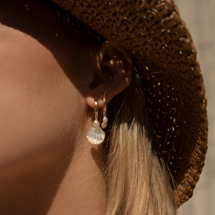 MAY MARTIN <br> Shelley Pearl/Shell Hoops-The Shop Laguna Beach